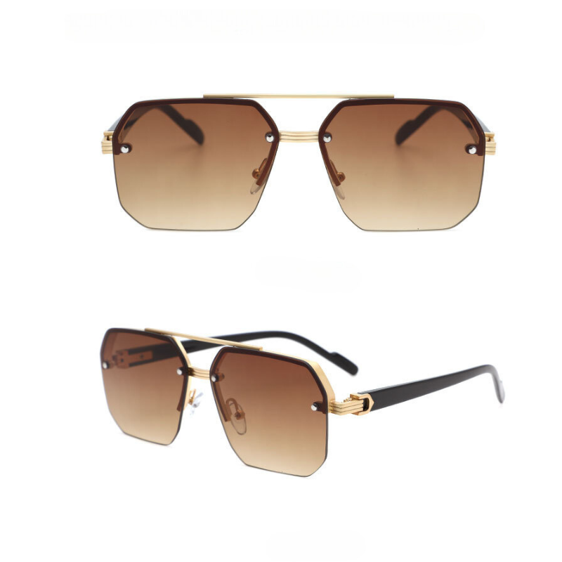 Two views of stylish, geometric metal frame sunglasses with gold accents and brown tinted UV400 protective lenses; one view is front-facing, the other shows a side angle with black temple arms.