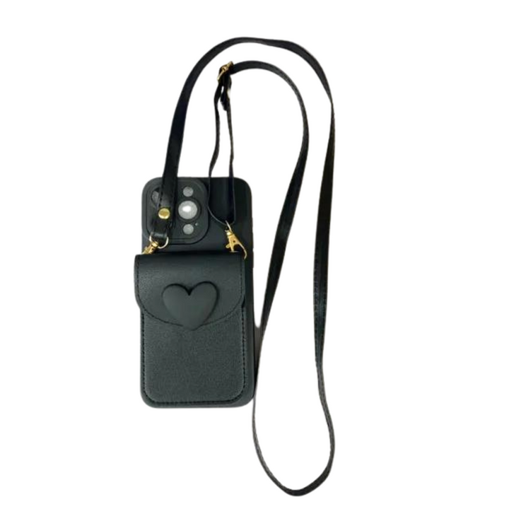 A chic phone case featuring a heart-shaped pocket on a small pouch and an attached crossbody strap, displayed against a white background.