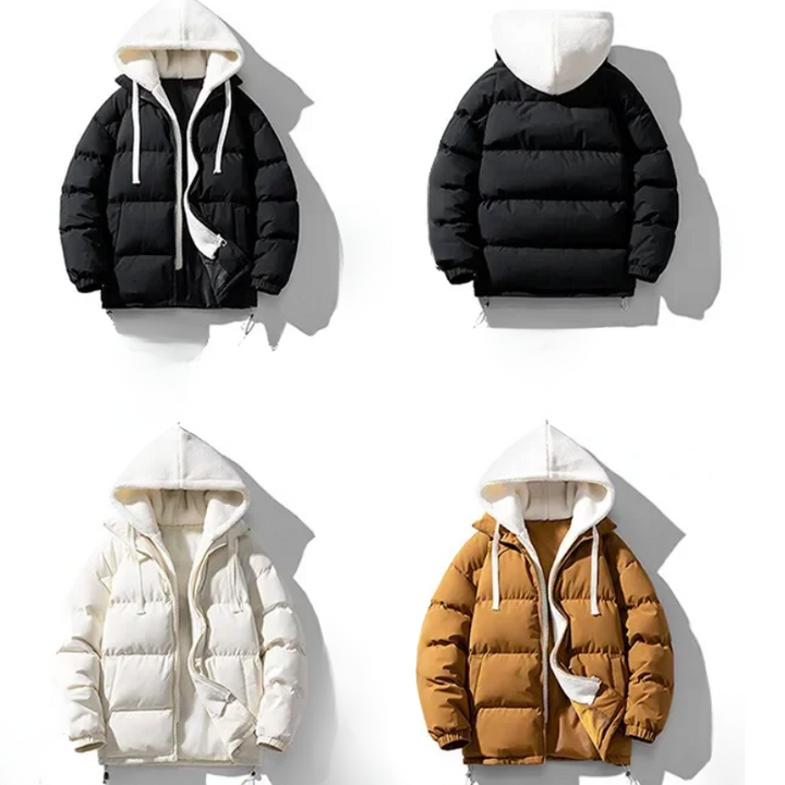 Four hooded puffer jackets are displayed: black (top left), dark grey (top right), white (bottom left), and brown (bottom right). Each features an adjustable drawstring hood, white hood lining, and long drawstrings.
