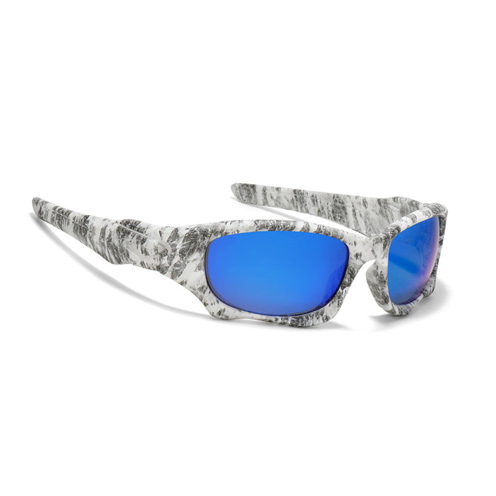 A pair of wraparound sports sunglasses with a white and gray marbled frame and mirrored blue lenses, shown against a white background.