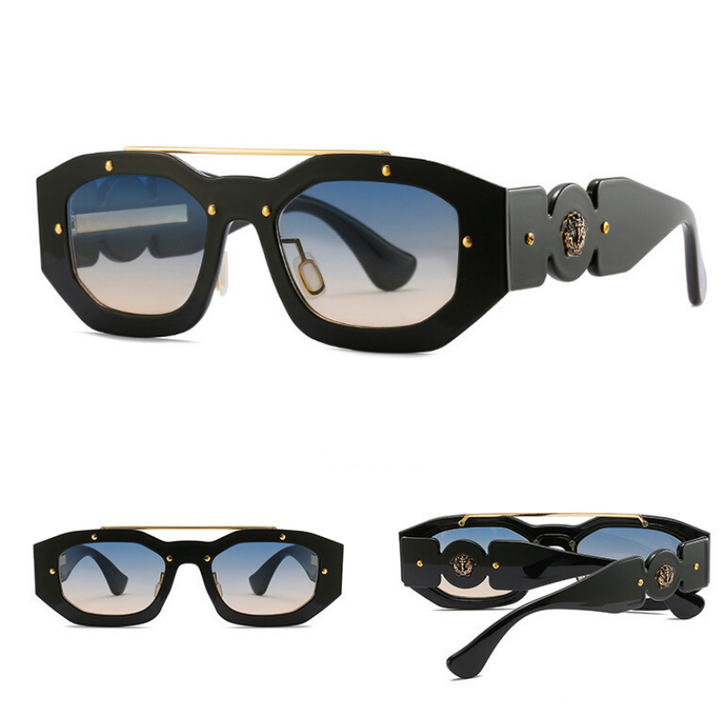 Three views of bold, black geometric sunglasses with gold accents and blue gradient, scratch-resistant lenses featuring a decorative medallion on the arms. The modern design offers statement style plus reliable UV400 protection.