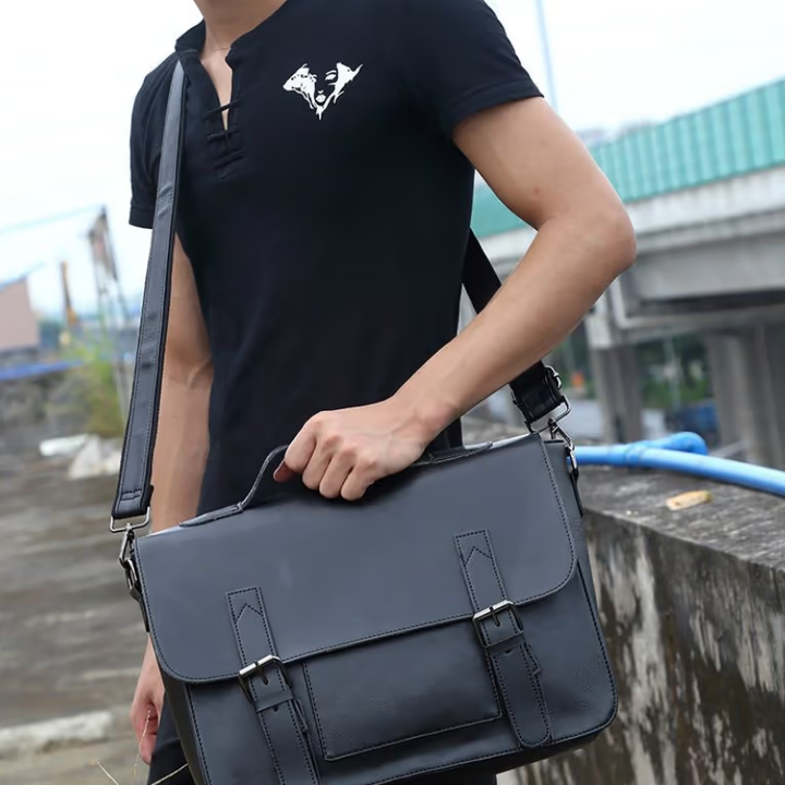 A person in a black shirt with a white logo is holding a black shoulder bag with an adjustable shoulder strap while standing outdoors near a concrete surface and a highway overpass.
