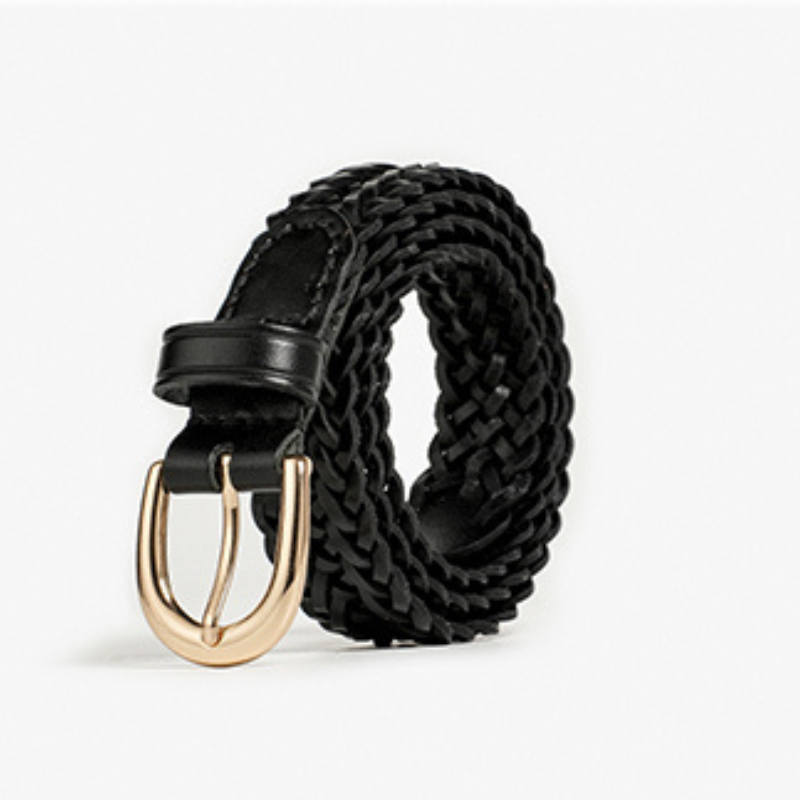 A rolled black braided Italian leather belt with a shiny gold buckle, showcasing artisanal craftsmanship, displayed against a plain white background.