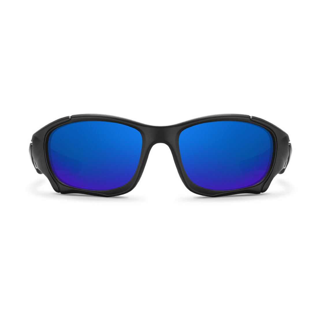 A pair of black wraparound sports sunglasses with blue mirrored lenses, shown facing forward against a white background.