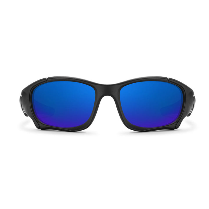 A pair of black wraparound sports sunglasses with blue mirrored lenses, shown facing forward against a white background.