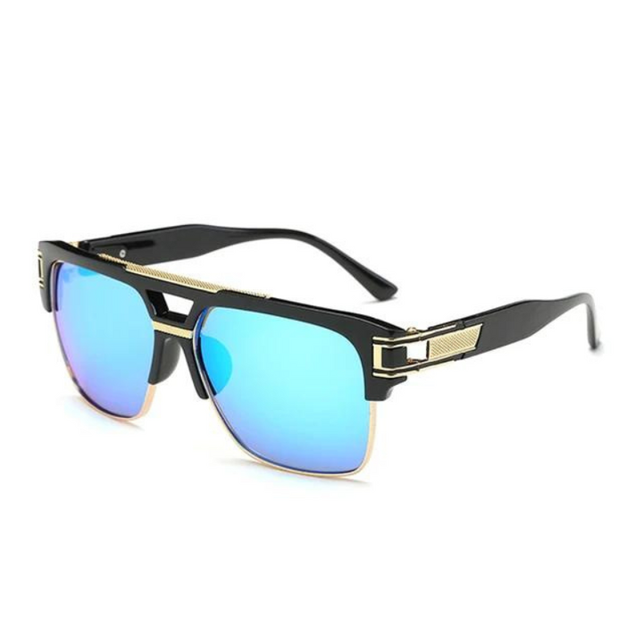 A pair of stylish geometric sunglasses with black frames, gold accents, and blue mirrored scratch-resistant lenses is displayed against a white background.