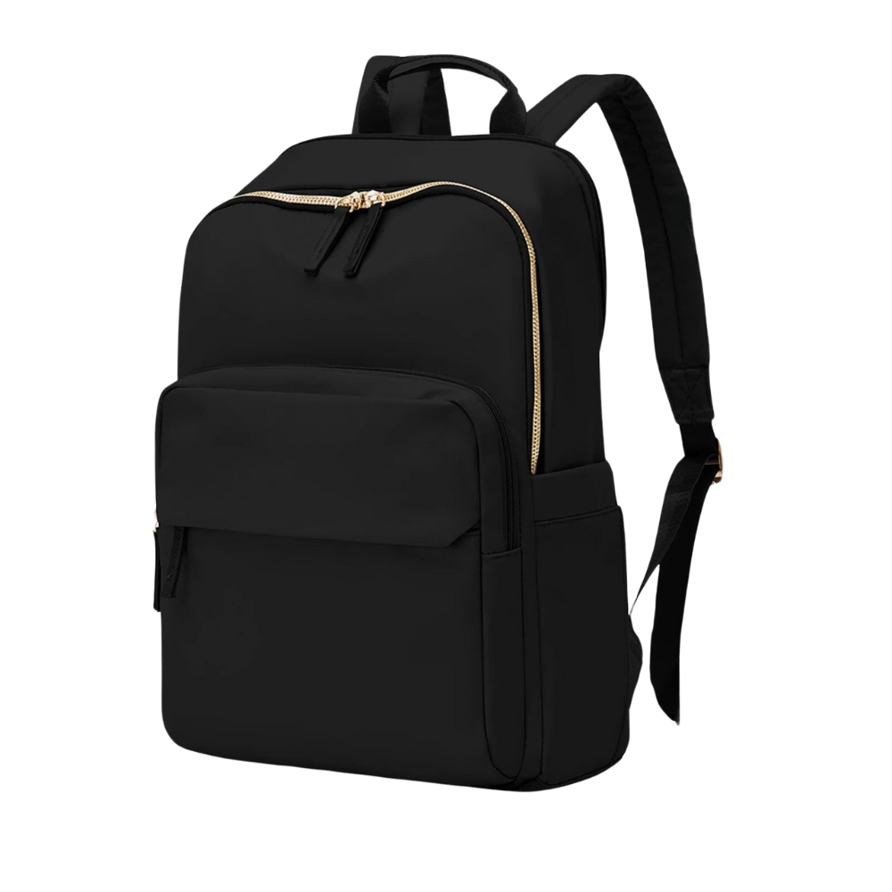 A lightweight, durable black backpack with gold zippers, a front pocket, side pockets, padded shoulder straps, and a laptop compartment. The water-resistant backpack is sleek and plain, photographed on a white background.