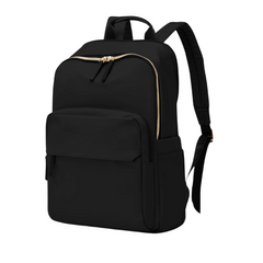 A lightweight, durable black backpack with gold zippers, a front pocket, side pockets, padded shoulder straps, and a laptop compartment. The water-resistant backpack is sleek and plain, photographed on a white background.