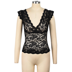 A mannequin displays a sleeveless black lace top with floral patterns, a deep V-neckline, and scalloped edges on the shoulders and hem—an elegant choice for chic summer fashion.