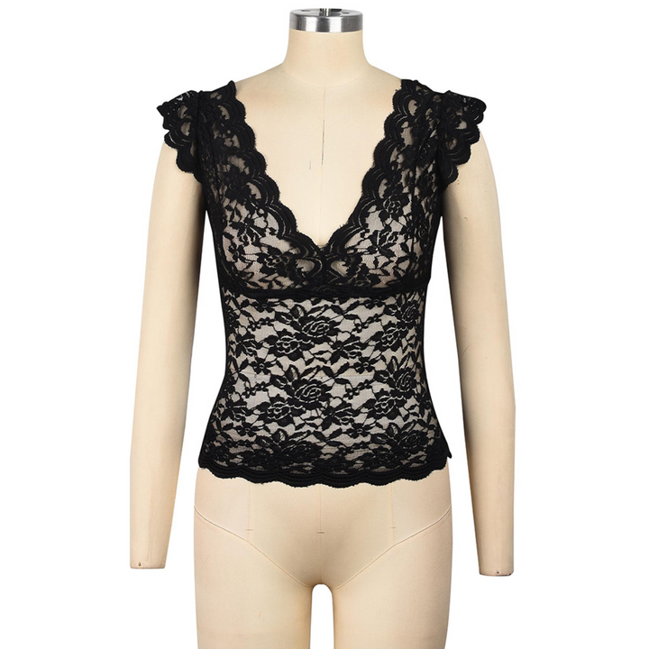 A mannequin displays a sleeveless black lace top with floral patterns, a deep V-neckline, and scalloped edges on the shoulders and hem—an elegant choice for chic summer fashion.