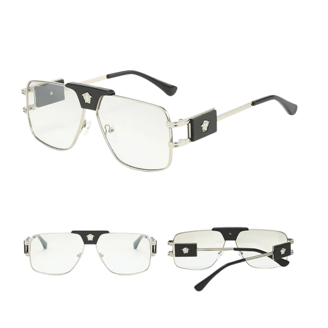 Three views of stylish eyeglasses with premium metal frames, clear rectangular lenses, and black accents on the temples and bridge, each featuring a small silver emblem.