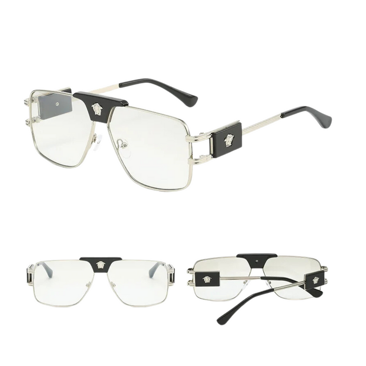 Three views of stylish eyeglasses with premium metal frames, clear rectangular lenses, and black accents on the temples and bridge, each featuring a small silver emblem.