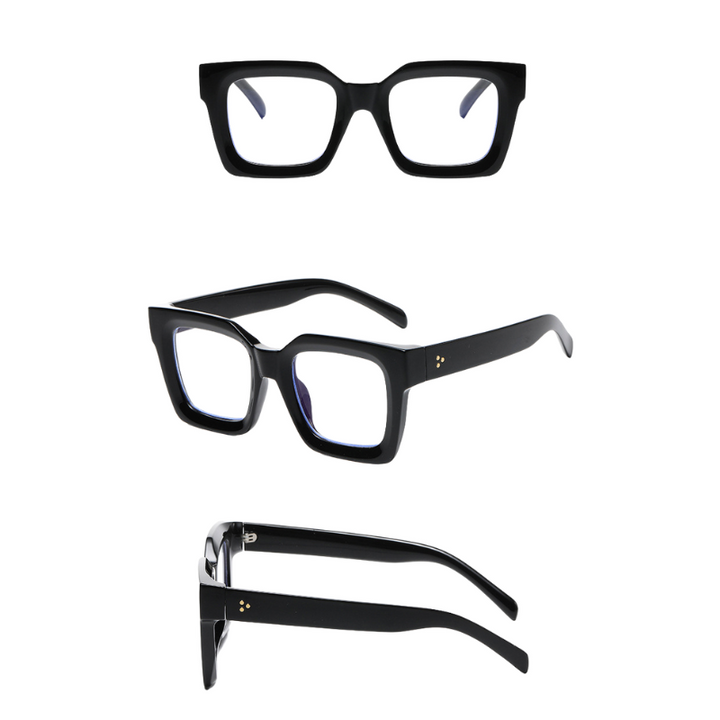 Black square-framed eyeglasses shown from three angles: front, side, and diagonal. The thick acetate frames are bold with small gold accents near the hinges and offer added UV protection for stylish comfort.