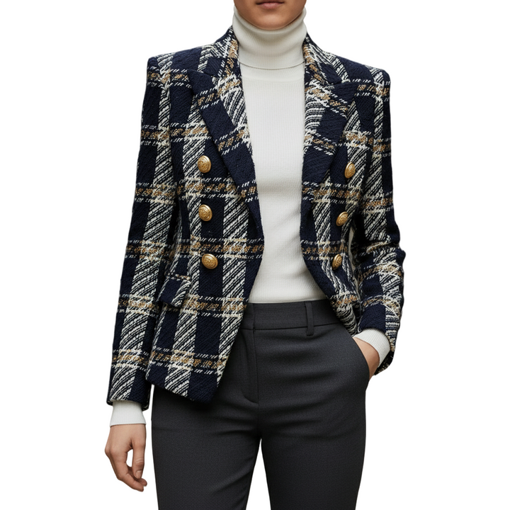 Breasted Plaid Wool Tweed Blazer