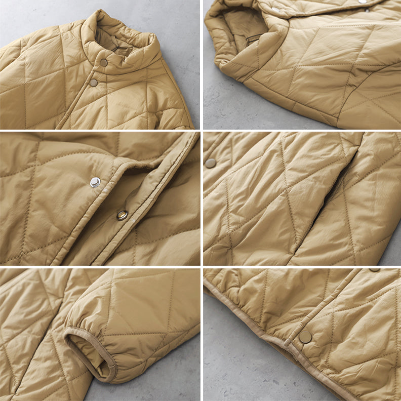 A light brown padded jacket is shown from different angles, highlighting its diamond-stitched pattern, snap buttons, collar, sleeve cuff, and textured fabric on a neutral background.