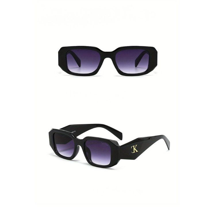 Two views of black oversized acetate sunglasses with purple gradient UV400 protection lenses; the lower view shows gold JK initials on the temple and reinforced hinges for added durability.