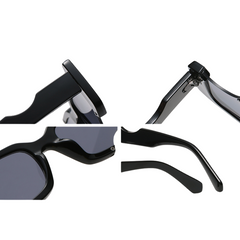 Close-up collage of avant-garde sunglasses with thick frames, tinted lenses, UV400 protection, hinge details, and curved temple arms against a white background.