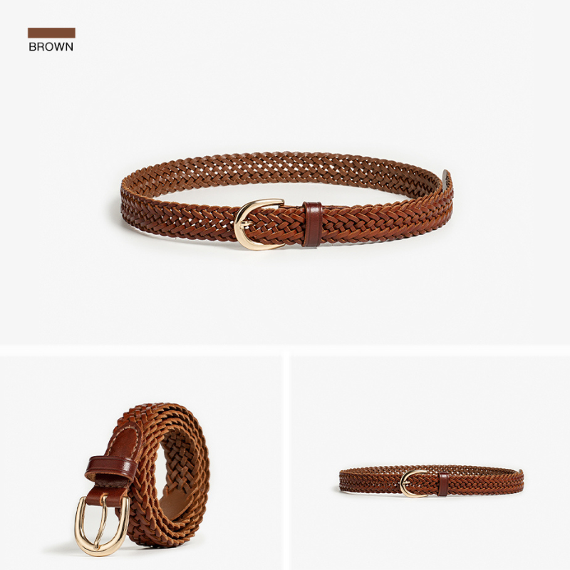 Brown braided leather belt with a gold buckle, crafted with artisanal craftsmanship. Shown coiled, folded, and laid flat on a white background. The word BROWN appears in the top left corner.