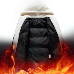 A hooded white coat with a black fleece-lined interior is displayed open, with flames at the bottom, suggesting warmth or heat retention.