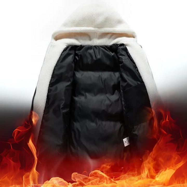 A hooded white coat with a black fleece-lined interior is displayed open, with flames at the bottom, suggesting warmth or heat retention.
