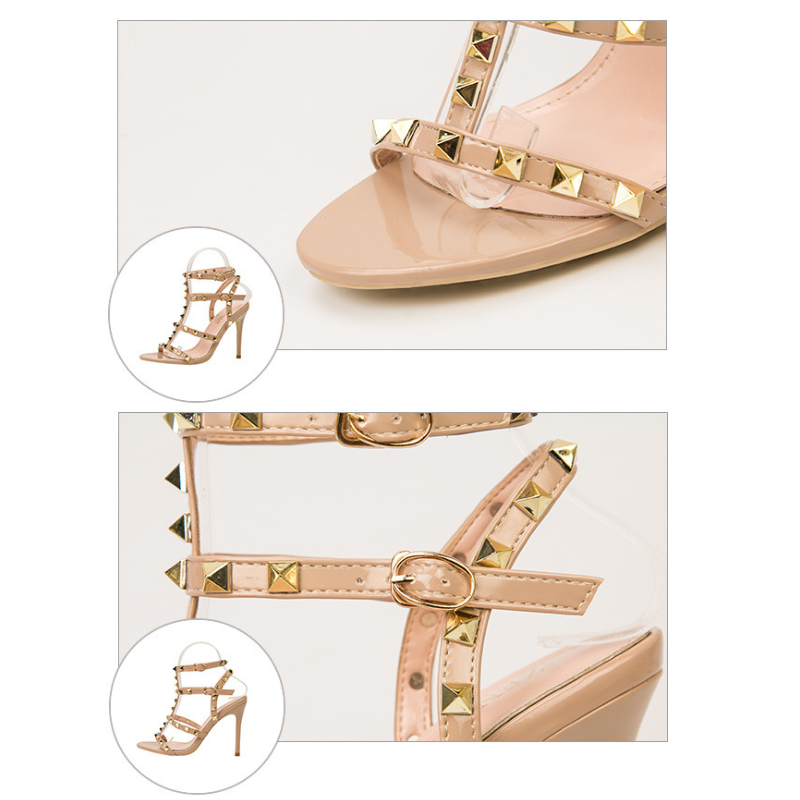 Close-up views of a high-heeled sandal in nude patent leather, featuring studded embellishments with gold pyramid studs on the straps and an adjustable buckle strap at the ankle.