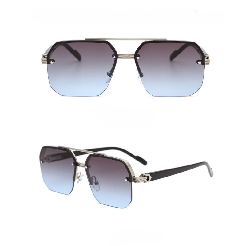 Two views of modern sunglasses with gradient blue UV400 protective lenses, silver geometric metal frame, and black arms. The top view shows the front, while the bottom view shows a three-quarter angle.