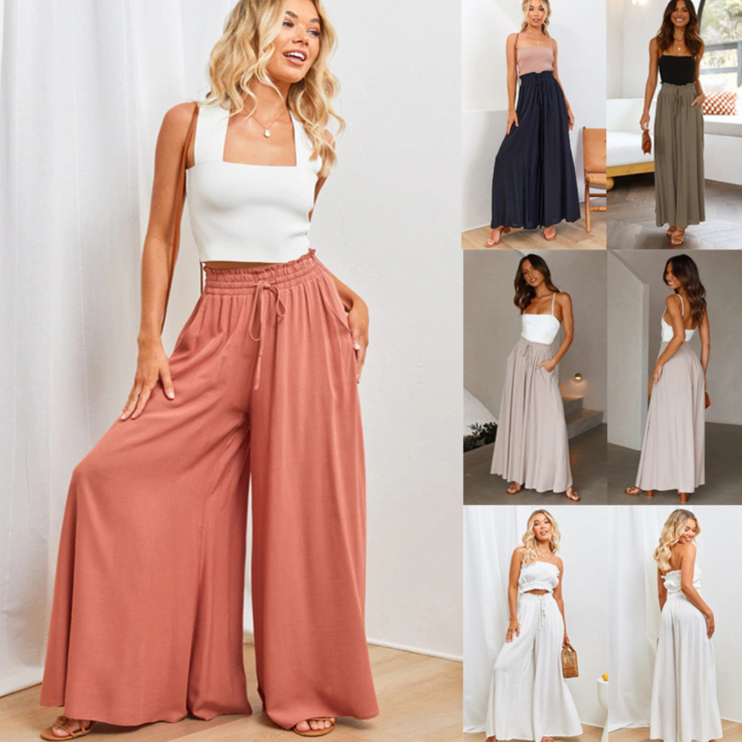 A woman models flowy wide-leg palazzo pants with an elastic waistband in various colors, paired with fitted tops. The main image features pink pants and a white top; smaller images show more styles in a bright, modern indoor setting.