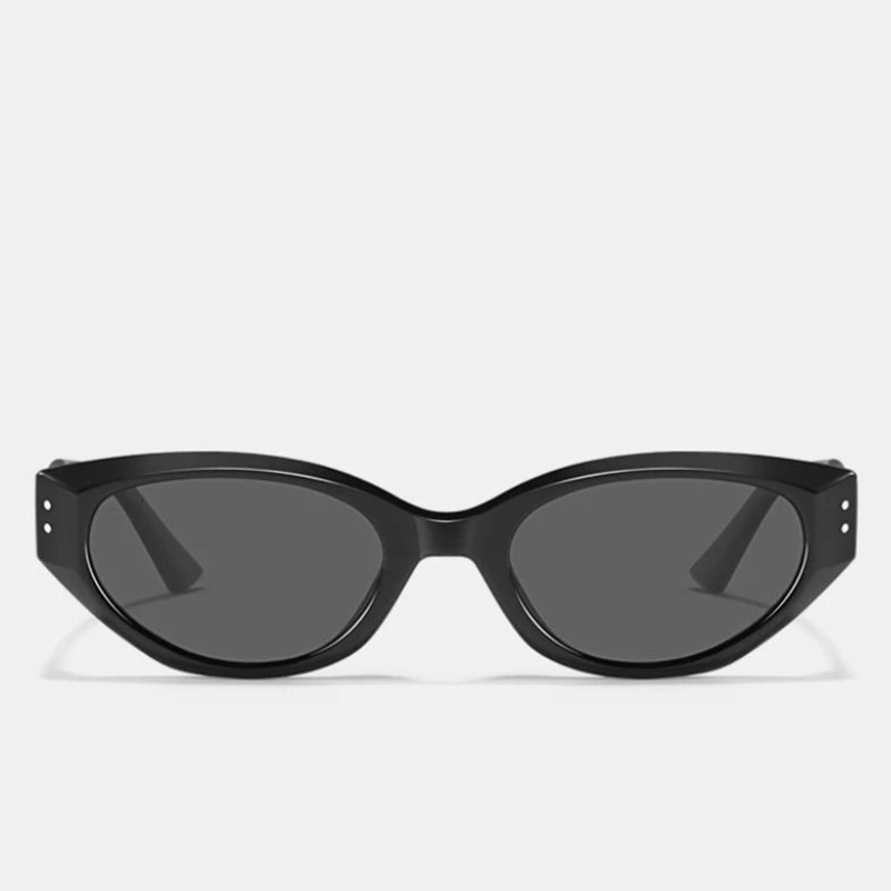Black cat-eye sunglasses with dark, scratch-resistant lenses and UV400 protection, displayed on a plain white background. The glossy frame features small silver dots on the front corners near the hinges.