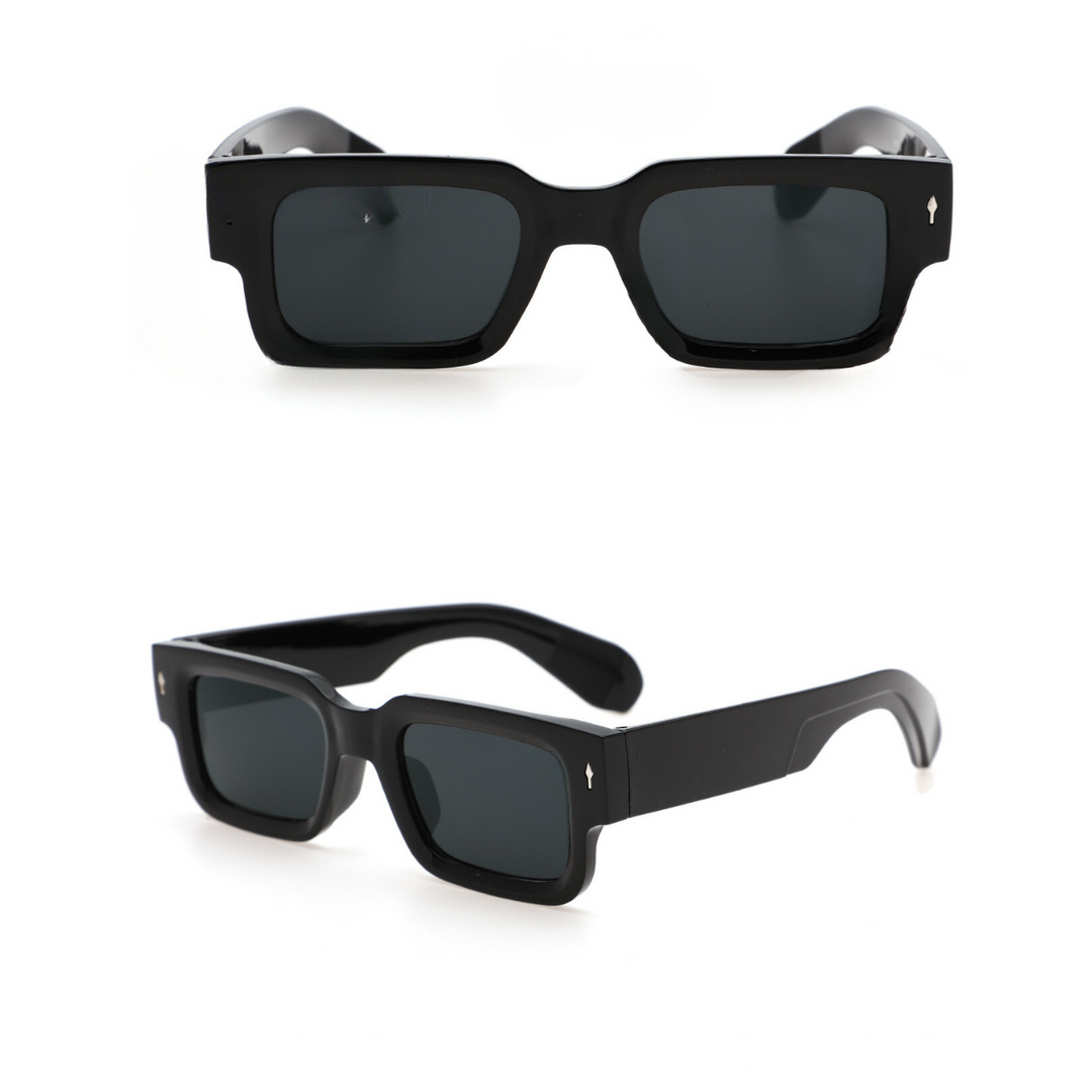 Two views of black rectangular sunglasses with dark lenses: one shows the front, the other a side angle, highlighting bold angular frames and curved arms. These lightweight sunglasses offer both style and UV400 protection.