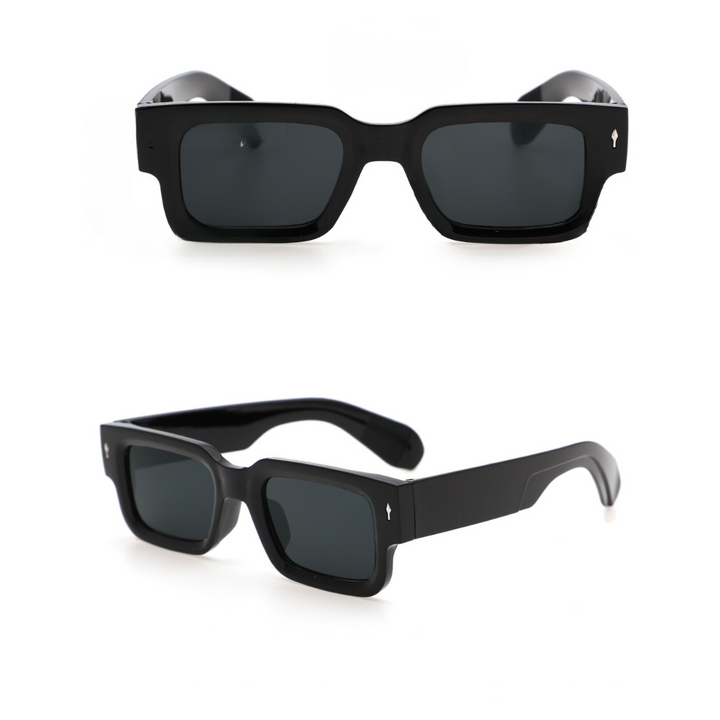 Two views of black rectangular sunglasses with dark lenses: one shows the front, the other a side angle, highlighting bold angular frames and curved arms. These lightweight sunglasses offer both style and UV400 protection.