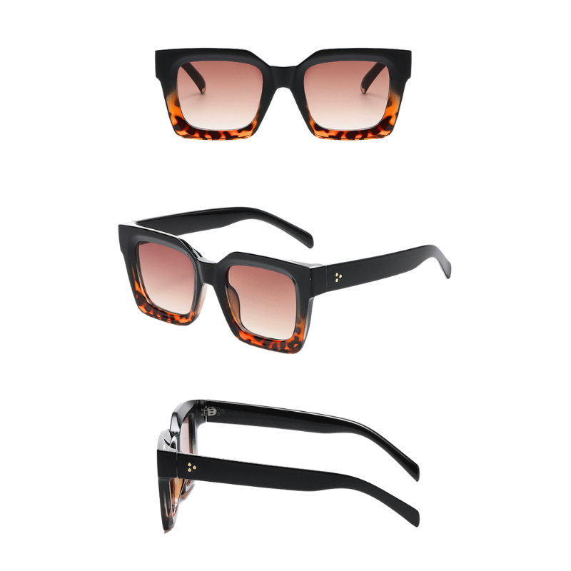 Three views of square-framed sunglasses with thick acetate frames in black and tortoiseshell, brown gradient lenses, and UV protection, shown from the front, angled side, and side profile on a white background.