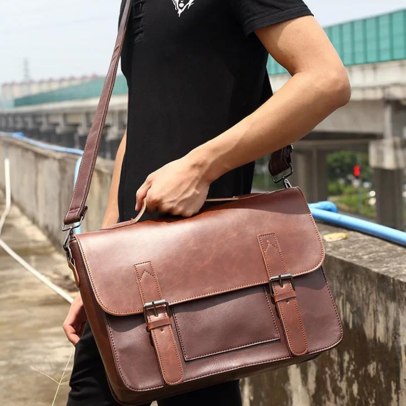 A person wearing a black shirt is holding a premium leather messenger bag with buckle straps and an adjustable shoulder strap, standing outdoors near a concrete railing.