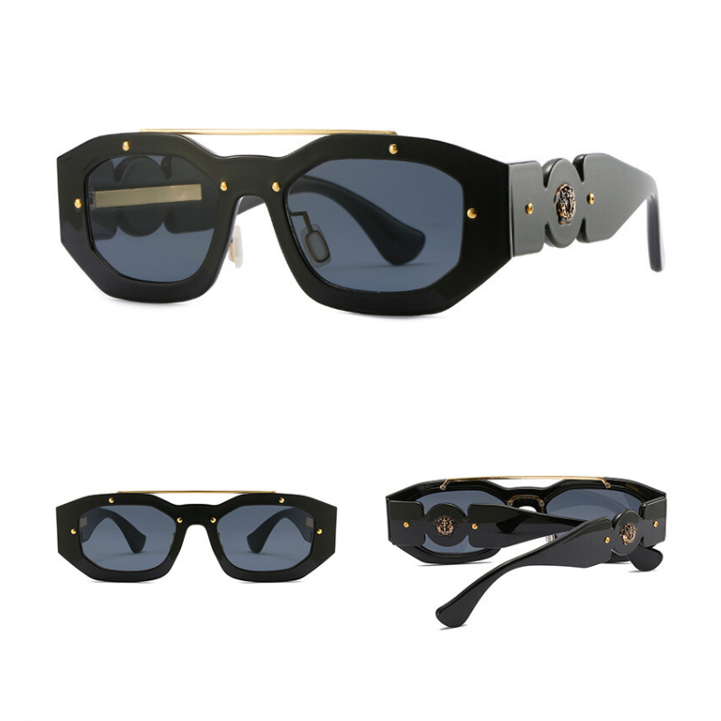 Three views of stylish black sunglasses with blue-tinted, scratch-resistant lenses, gold accents, and decorative detailing on the thick temples. These sunglasses offer UV400 protection and are displayed on a white background.