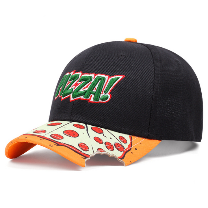 A black baseball cap with “PIZZA!” in green and red on the front. This unique brim hat is designed like a pepperoni pizza slice, complete with a bite taken out of its edge—a true statement piece for pizza lovers.