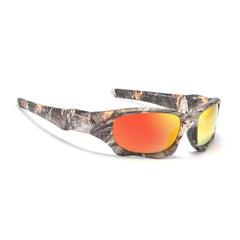 Camouflage-patterned sports sunglasses with wide frames and orange-red reflective lenses, featuring interchangeable lenses, displayed on a white background.