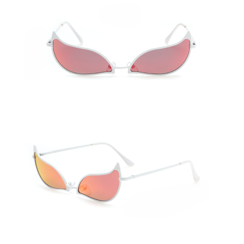 Two views of white-framed sunglasses with wing-shaped, pink-tinted lenses. The top view shows the front, while the bottom highlights the unique wing design and thin lightweight frame that offers comfort and style.