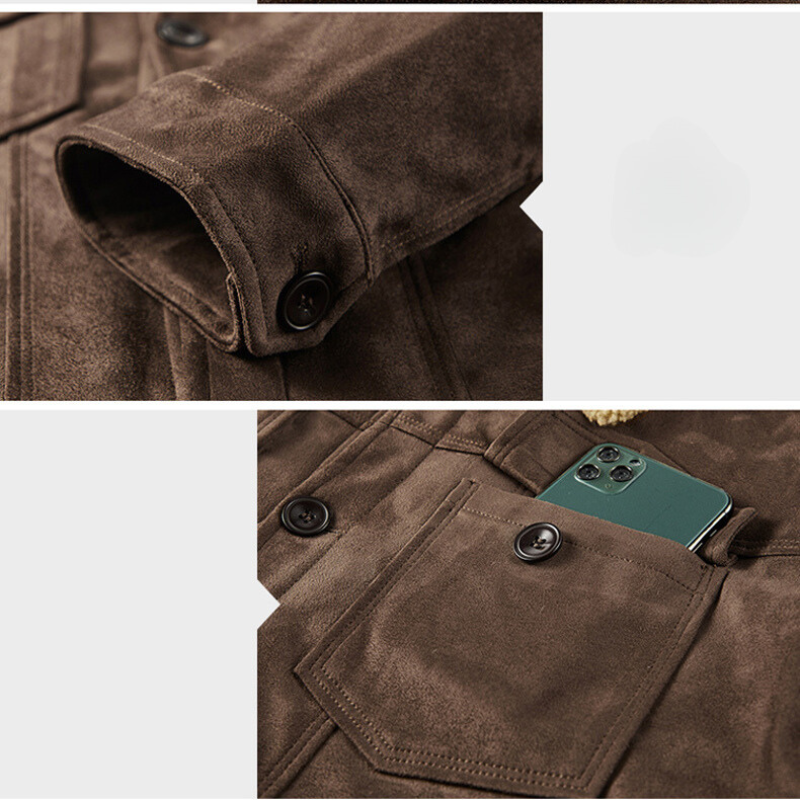 Close-up of a brown suede jacket with a structured fit, featuring a buttoned cuff and a buttoned chest pocket holding a green smartphone.
