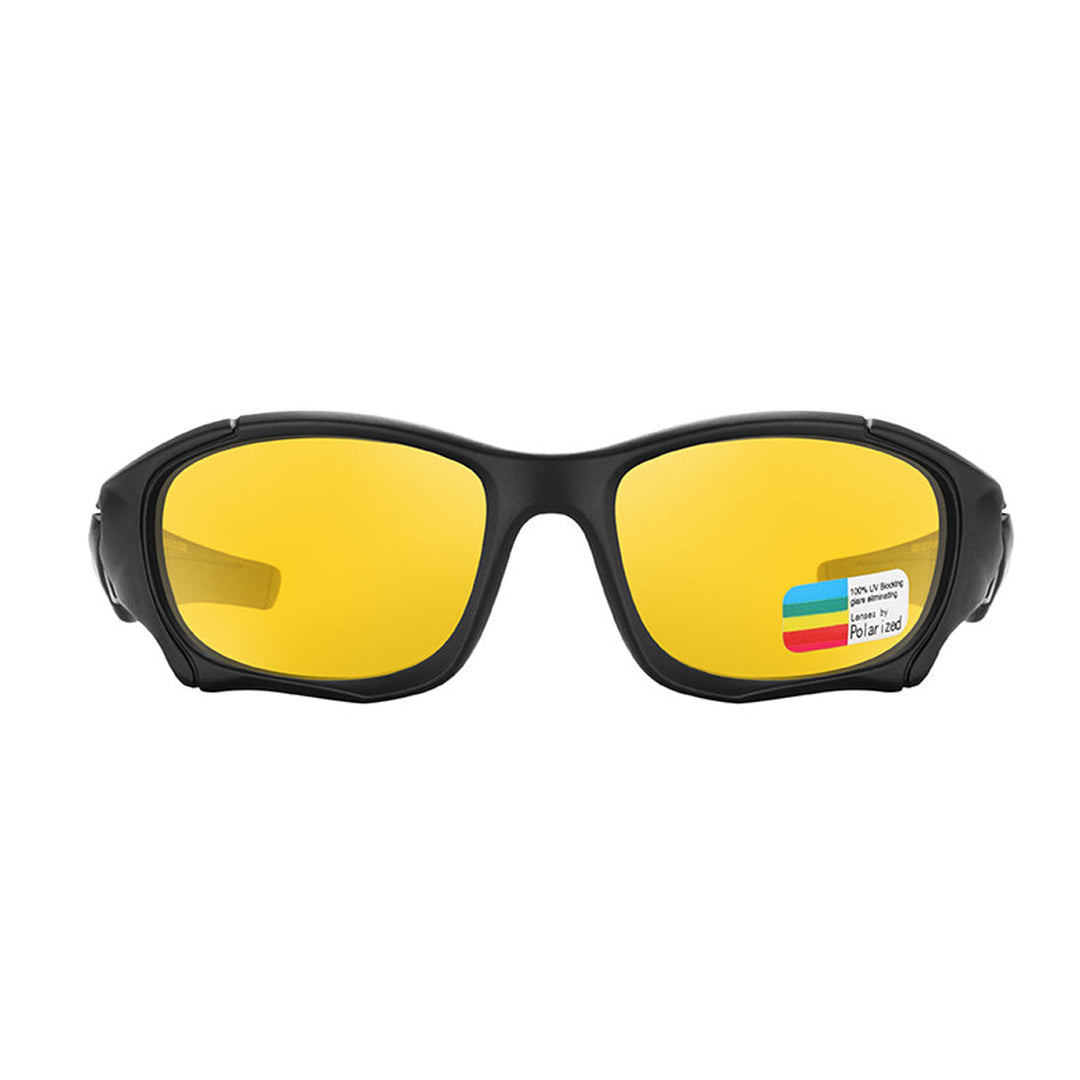 Black sports sunglasses with yellow-tinted lenses, shown from the front. A small sticker with colored bars and text appears on the right lens. These polarized cycling glasses are perfect for outdoor activities.