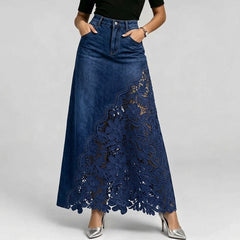 Elysian Lace-Trim Denim Maxi Skirt