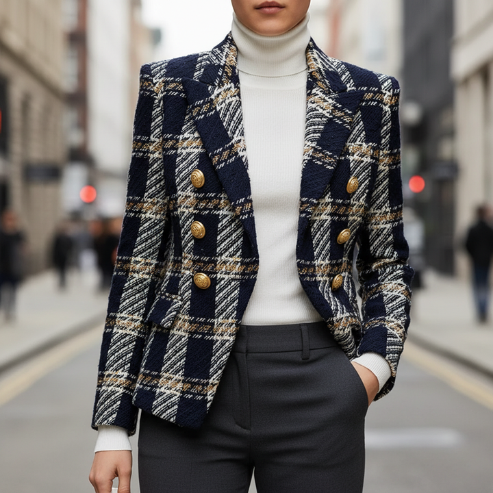 Breasted Plaid Wool Tweed Blazer