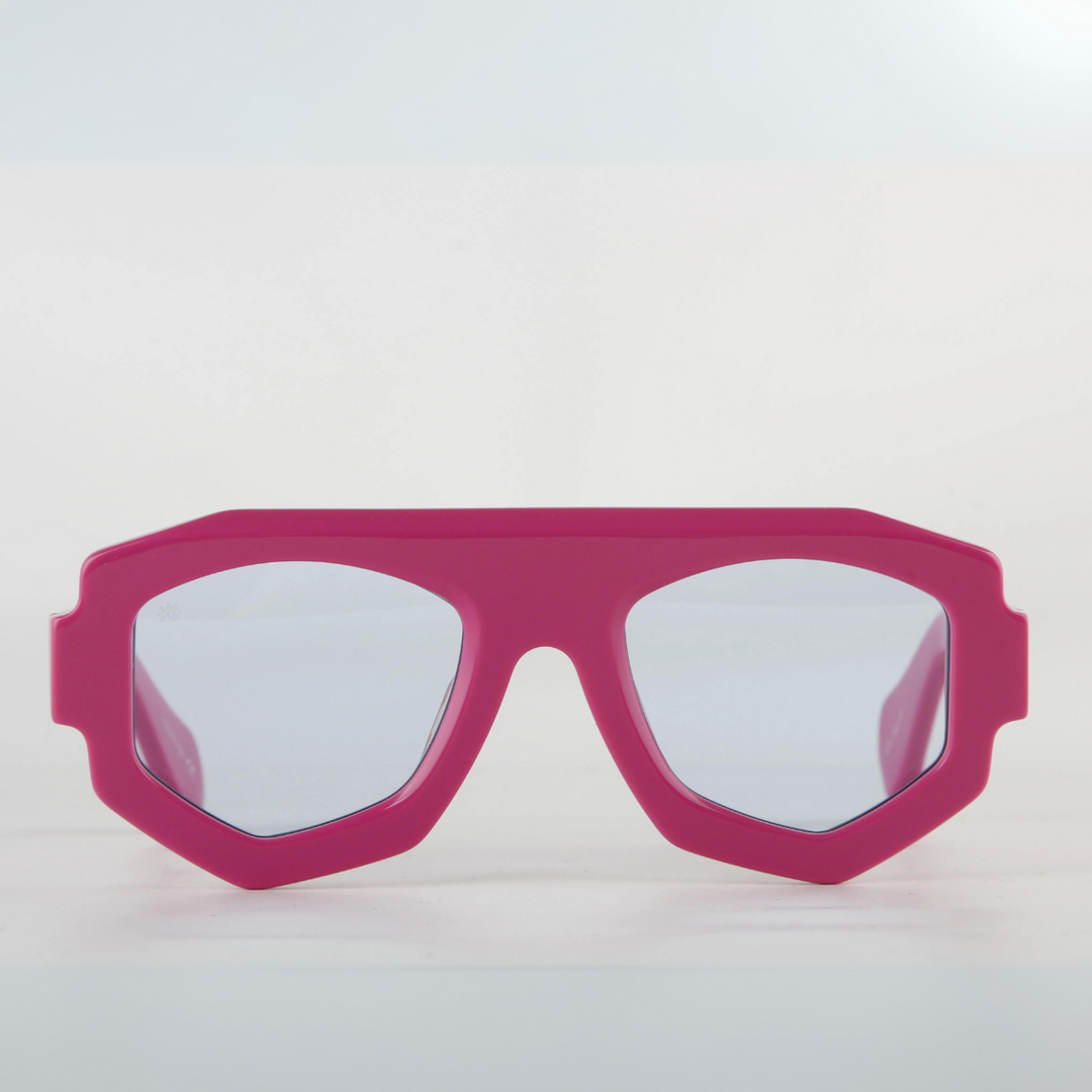 Pink, oversized acetate geometric frame sunglasses with clear lenses and UV400 protection, displayed against a plain white background, facing forward.