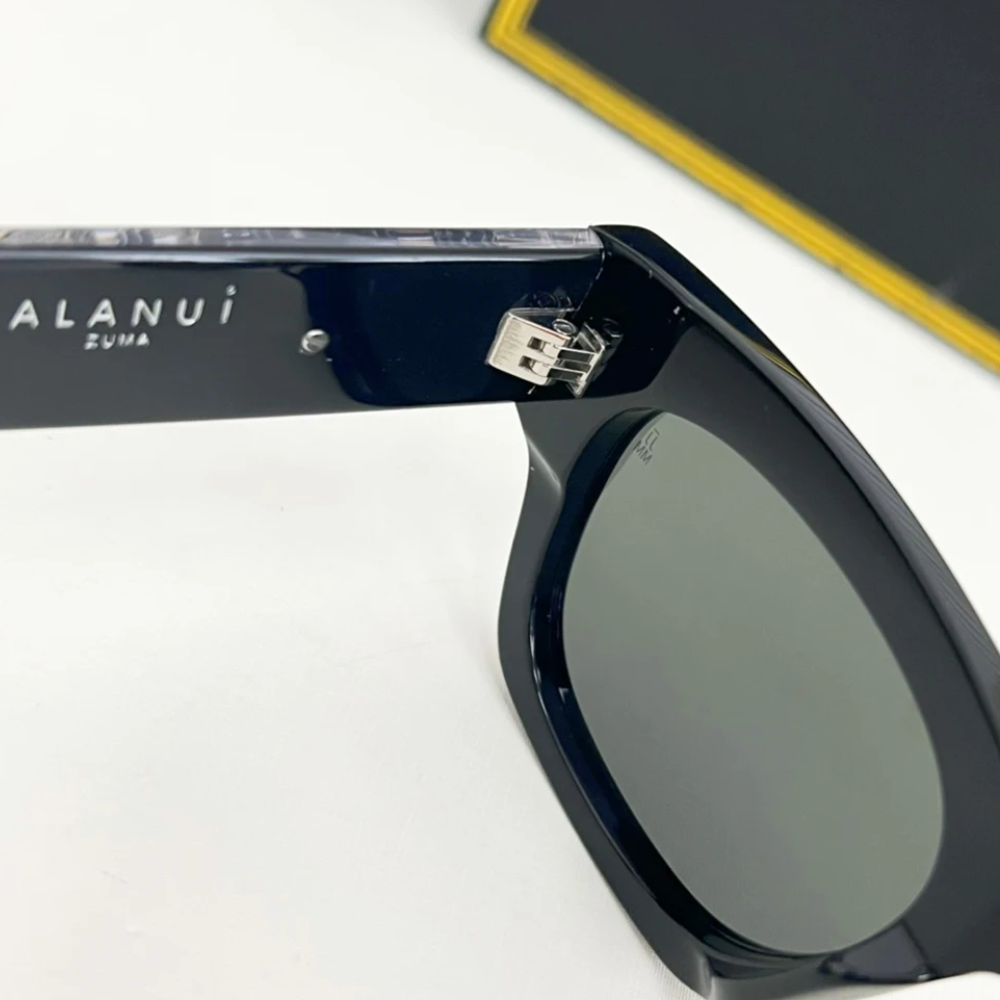 Close-up of a pair of black Alanui Izuwa retro sunglasses showing the hinge and logo detail on the arm, with part of a black and yellow-edged box in the background. These frames offer UV400 protection for your eyes.