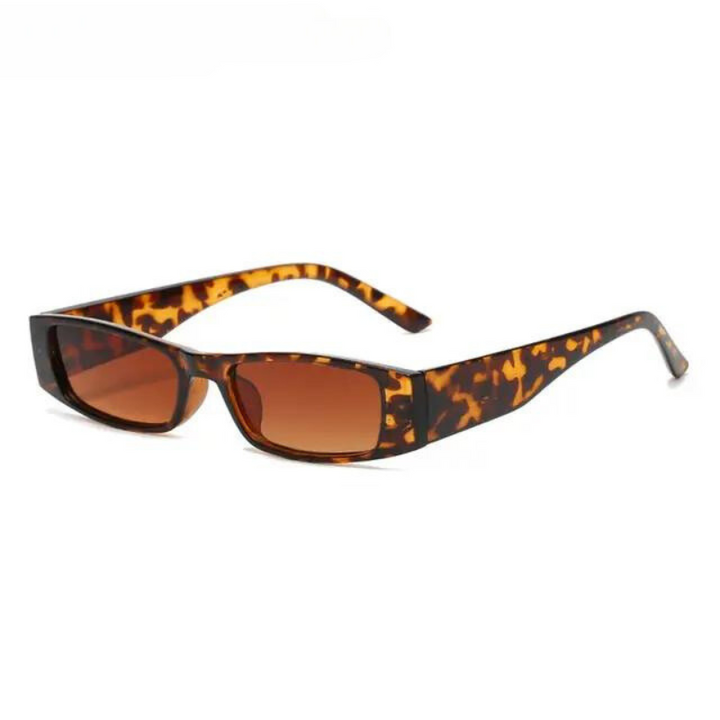 Retro rectangle sunglasses with a lightweight frame and brown gradient lenses offer UV400 protection, shown at an angle on a white background.