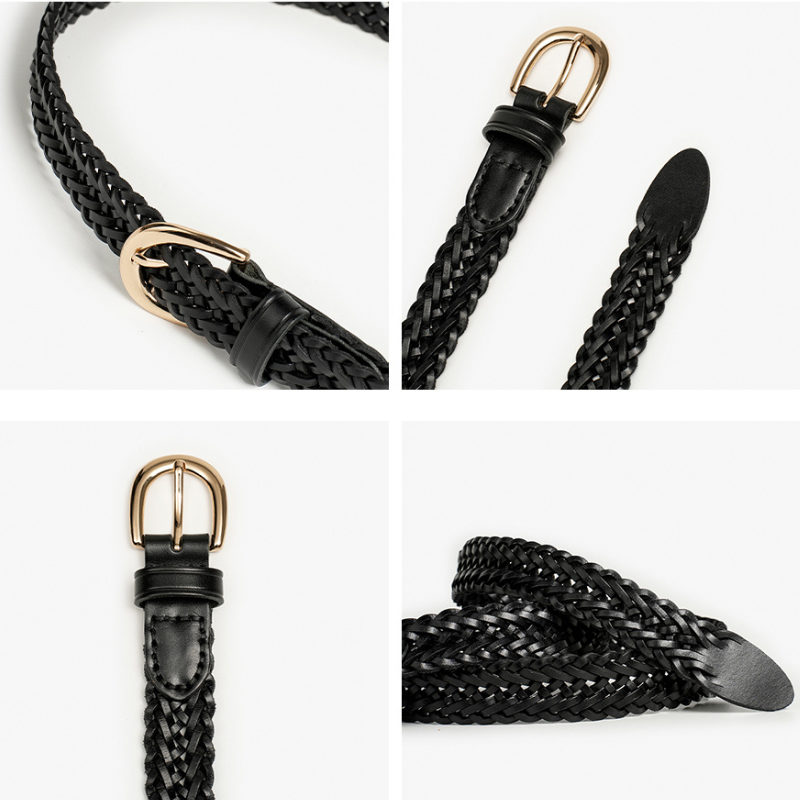A collage of four images showing a black woven belt with a gold buckle, photographed from different angles to display its artisanal craftsmanship, texture, buckle, and pointed tip.