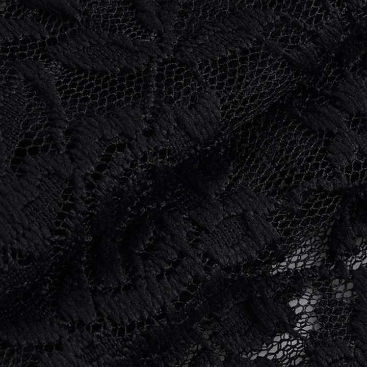 Close-up of black lace fabric with an intricate floral pattern, perfect for a chic lace top in summer fashion. The fine mesh and delicate embroidery create a soft, slightly sheer texture, with light filtering through the open weave.
