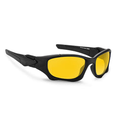 Black sporty sunglasses with thick frames and bright yellow tinted lenses, shown against a white background—these polarized cycling glasses are perfect for outdoor activities, offering both style and performance.