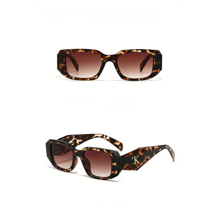 Two views of tortoiseshell oversized acetate sunglasses with rectangular frames and dark lenses; one is a front view and the other a side angle, highlighting reinforced hinges and a gold K logo on the temple.