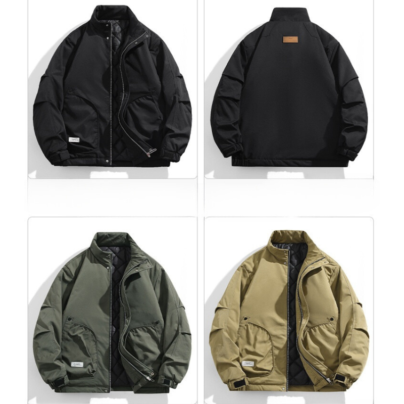 Four casual windproof jackets are displayed: a black jacket (front and back views), a green jacket (front), and a beige jacket (front). Each features a zip-up front, side pockets, minimal design, and adjustable cuffs.