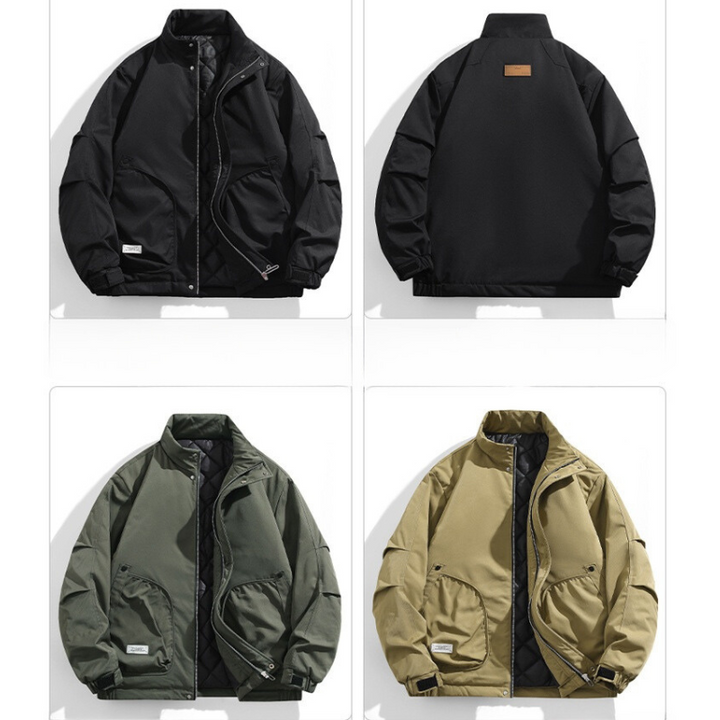 Four casual windproof jackets are displayed: a black jacket (front and back views), a green jacket (front), and a beige jacket (front). Each features a zip-up front, side pockets, minimal design, and adjustable cuffs.