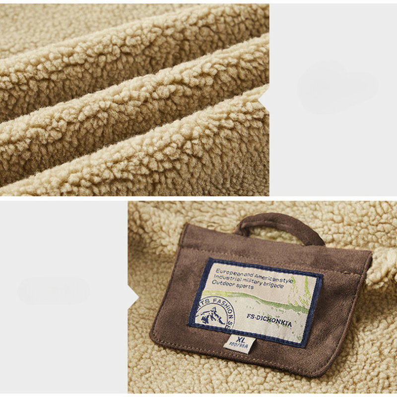 Close-up view of beige, textured fleece fabric with Sherpa lining and a brown label attached, displaying text and a patch with a tree and animal graphic, indicating size XL and outdoor suitability.